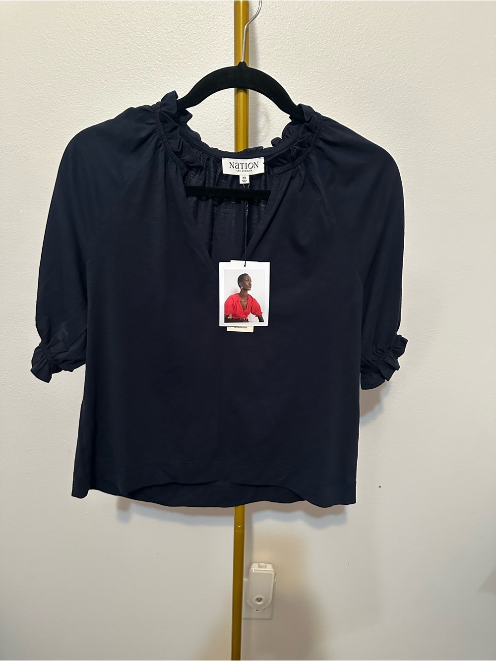 Nation LTD Navy Ruffle-Trim V-Neck Blouse